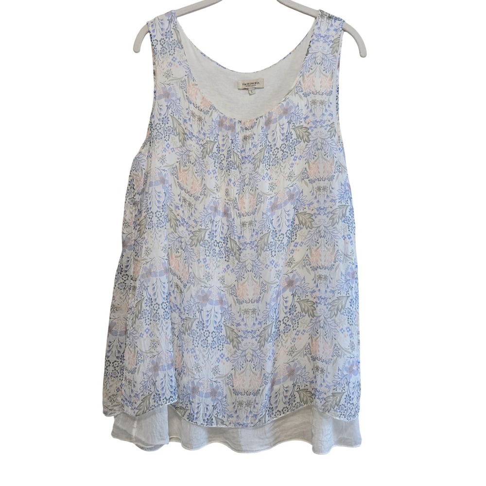 Via Signoria, Lined, Italian 100% Silk, Women's Blue Floral Tank Top, Sz Large